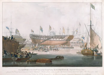Lansering av Edinburgh vid Blackwall, 9 november 1825, målad av Huggins