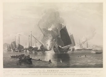 The Hon. E.I. Co. Iron Steam Ship Nemesis, ... med båtarna Sulphur, Calliope, Larne och Starling, förstörde de kinesiska krigsjunkarna i Anson