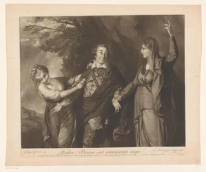 Porträtt av David Garrick mellan personifieringar av komedi och tragedi För att returnera personen känner till lämpligheten för varje (titel på objekt)