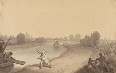 Paddington Canal: The Junction at Wormwood Scrubs, med en passagerare som hyllar Uxbridge Passage Boat