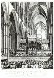 Utsikt över galleriet förberett för mottagandet av deras majestäter den kungliga familjen, direktörer och huvudpersoner i kungariket vid minnet av Handel i Westminster Abbey, graverad av Joh