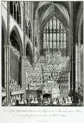 Utsikt över orkestern och artisterna i Westminster Abbey, under minnet av Handel, publicerad av Charles Burney, 1785