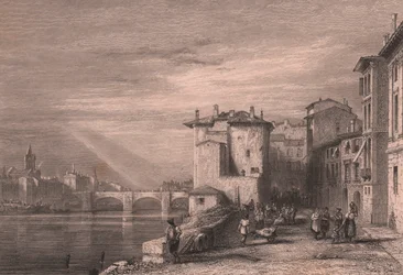 Utsikt över Verona vid floden Adige, Veneto, Italien, stålgravyr av Edward Francis Finden (1791-1857) efter teckning av Augustus Wall Calcott (1779-1844), ca 12x10 cm