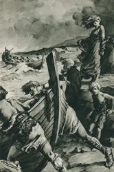 Vikingarna som seglade ut från Norges fjordar och hittade Amerika långt före Columbus (litografi)