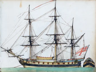 Brittiskt fartyg med 20 kanoner, med rigg och skeppsbåt samt separat vy av aktern, ca 1780 (akvarell, penna  bläck )