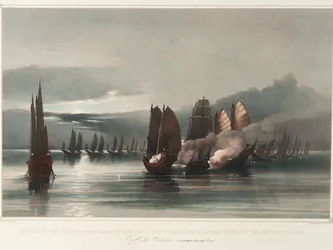 Attack mot piratskvadronen Chuiapoo utanför Tysami i Kina natten till den 28 september 1849 av HMS Columbine, J C Dalrymple Hay, Esqr, Commr, ca 1849 (tryck, litografi, kolorerad)
