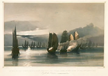 Attack mot pirateskadren Chuiapoo utanför Tysami, Kina, 28 september 1849, mitten av 1800-talet (litografi)