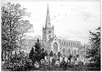 Stratford kyrka sett från norr, Stratford-upon-Avon, Warwickshire, 1885.