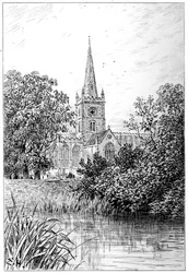 Stratford kyrka sett från floden, Stratford-upon-Avon, Warwickshire, 1885.
