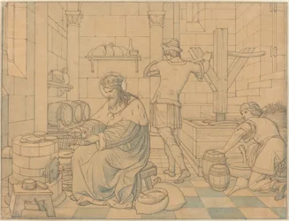 Saint Wenzel Cooking Hosts as Two Youths Press Wine