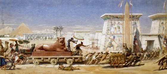 Forntida Egypten: Transport av en lejonstaty till templet Slavar som drar vagnen