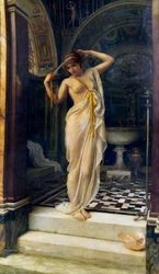 "Diadumene" Ung naken kvinna knyter sin ögonbindel i ett antikt badkar. Målning av Edward John Poynter (1836-1919) (klassicism) 1893