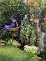 "Prinsessan och grodan" Möte i en romantisk trädgård mellan en ung prinsessa och en groda (drömprinsen), Målning av Edward John Poynter (1836-1919) (prerafaelit)