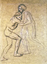 Studie av två nakna män som omfamnar för The Prodigals Return, 1869 (krita på papper)