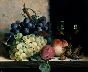 Stilleben med frukt och ett glas vin. Målning av Edward Ladell (1821-1886) Privat samling.