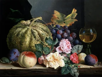 Stilleben med blommor och frukt. Målning av Edward Ladell (1821-1886) Privat samling.