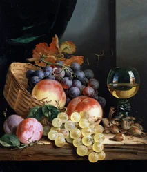 Stilleben med frukt och hasselnötter. Målning av Edward Ladell (1821-1886) Privat samling.