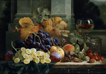Stilleben med frukt och fjäril. Målning av Edward Ladell (1821-1886) Privat samling.
