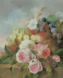 Stilleben av frukt och rosor på en avsats
