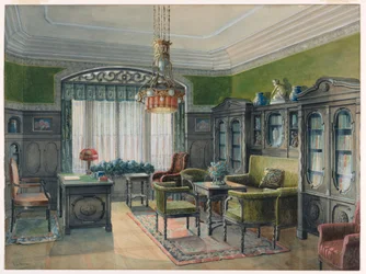 Ritning, Biblioteks- eller kontorsinteriör, ca 1915