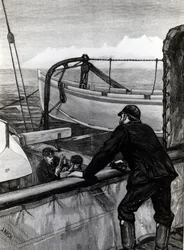 Den arktiska expeditionen - "Alert" nära Holsteinborg på Grönland: Sternpost Cutter of Iceboat on Skids, publicerad i "The Graphic", graverad av J. Nash, 1875