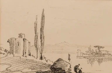 Italiensk capriccio, ca 1837 (svart krita på papper)