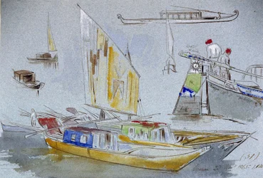 Studier av venetianska båtar. Kolorerad akvarellteckning av Edward Lear (1812-1888).