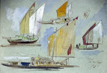 Studier av venetianska båtar för fulla segel. Kolorerad akvarellteckning av Edward Lear (1812-1888).