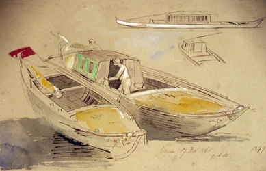 Studier av venetianska båtar, på stranden. Akvarellteckning i kolorit, av Edward Lear (1812-1888).