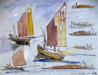 Studier av venetianska båtar, med fulla segel och vid förtöjning. Färglagd akvarellteckning av Edward Lear (1812-1888).