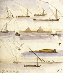 Studie av olika egyptiska båtar (Dahabeeyahs och Gyassis), med en scen framför pyramiderna i Giza (Kairo) i mitten av sidan
