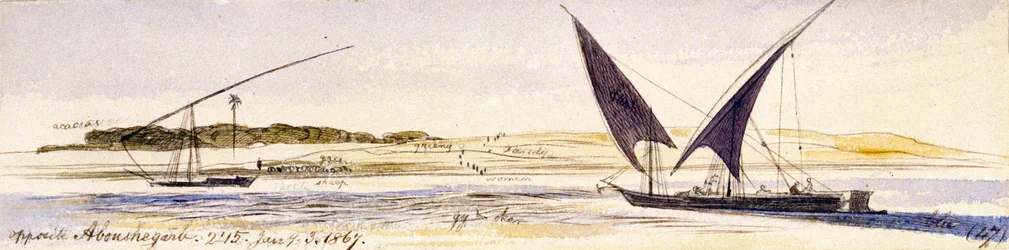 Nilens utbredning och dess stränder med två traditionella egyptiska båtar, bland annat en Dahabeeya. Akvarellteckning i färg