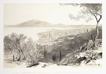 Utsikt från slottskullen, blick mot Monte Skopo, Zante, 1863