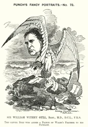 Punch-tecknad film: Sir William Withey Gull, engelsk läkare som behandlade prinsen av Wales för tyfus och blev ordinarie läkare för drottning Victoria (gravyr)