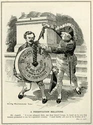 "A Presentation Millstone", premiärminister Asquith överlämnar till finanskanslern, Lloyd George, ålderspensionssystemet, 1908