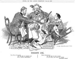 Koalitionsregering. Hertigen av Devonshire och Arthur Balfour i mitten försöker hålla Joseph Chamberlain, ledare för koalitionens mindre parti, under kontroll. I september 1903 avgick han för att fritt kunna förespråka sina tullreformer.