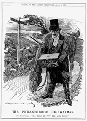 David Lloyd George (1863-1945) walesisk född brittisk liberal statsman. 1908, som finansminister, introducerade Lloyd George sin lag om ålderspension. Tecknad av Edward Linley Sambourne från Punch, London, augusti 1908.