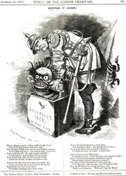 Att hålla nere. Otto von Bismarck (1815-1898) Tysklands förbundskansler, försöker tvinga tillbaka socialismens jack i sin låda. Bildtexterna berättar för honom att varje förtryckshandling är ett elixir till den mänskliga önskan om mer frihet. Tecknad av Ed
