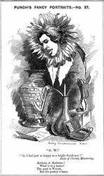 Oscar Wilde (1854-1900) irländsk dramatiker, romanförfattare, poet och kvickhet. Tecknad av Edward Linley Sambourne från hans "Fancy Portraits"-serie för Punch London, 25 juni 1881, som visar Wilde som en solros. Trägravyr