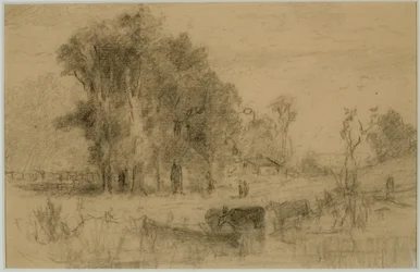 Landskap, roddbåt och kor (#57) C. 1880 (grafit på papper)