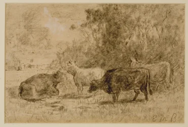 Landskap med fyra kor, ca. 1880-talet (kol på papper)