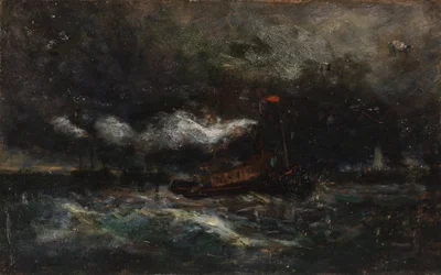Squall, Brenton Lätt båt i storm, fyr i bakgrunden, n.d.