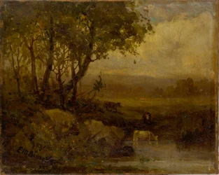 Utan titel (landskap, flodbank, tre kor)