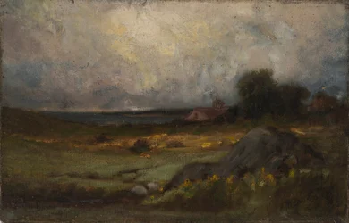Utan titel (landskap med sten i förgrunden och tak med torn, sjö i bakgrunden)
