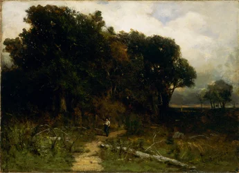 Utan titel (landskap, skogshuggare på väg)