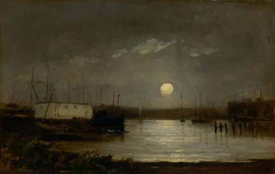 Utan titel (måne över en hamn, kajscen med fullmåne och båtmaster)