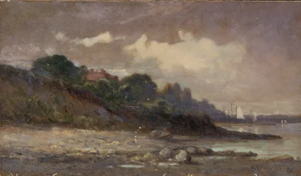 Utan titel (strandlinje med segelbåtar och tak)