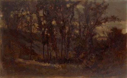 Namnlös skogsscen, fallna träd i förgrunden och hus i bakgrunden, 1873.
