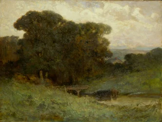 Namnlös skogsscen med bro, kor i ström i förgrunden, 1897.