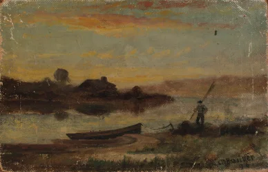 Landskap utan titel, båt förtöjd nära stranden med en gående man, 1896.